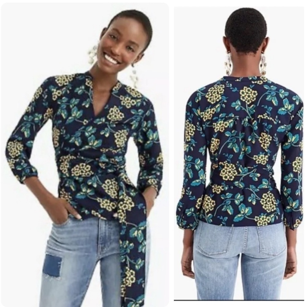 NWT J Crew Floral Wrap Blouse Crepe Navy and Gold Tie Long Sleeve Size XXS NEW